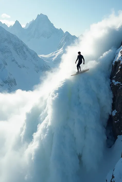 Image taken from above Drone  ..  of a young Indonesian man surfing on top of a Himalayan mountain during a massive avalanche