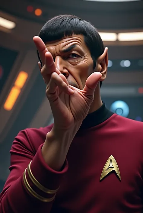 prompt  : digital art, oil painting effect, dans un vaisseau spatial, on voit  entièrement Mr Spock en pied fait Le salut vulcain qui est un geste de  la main où la main est levée avec la paume tournée vers lavant. Le  pouce est étendu vers lextérieur et l...