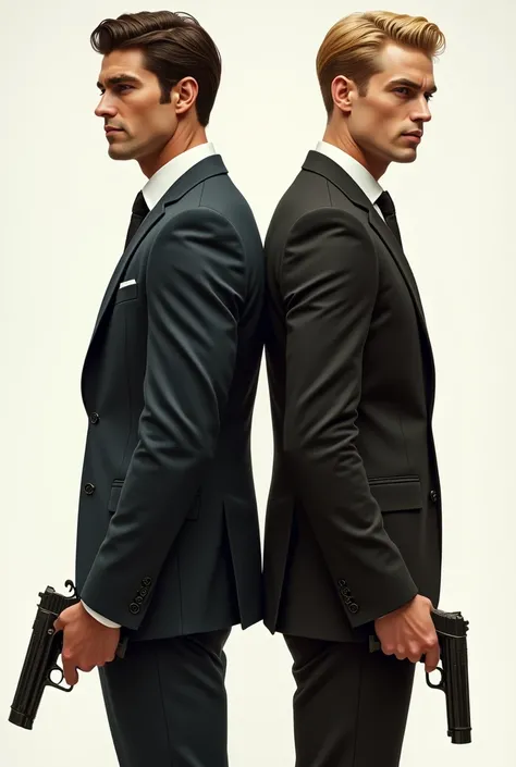 Two tall, handsome Italian men, one about 26, brunette, the other about 23, standing with their backs to each other, their backs against each other, the brunette wearing a suit and the blond in casual clothes, both holding a gun. Realistic