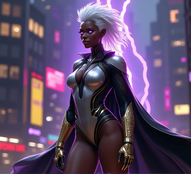 A mesmerizing portrayal of Storm, the iconic Marvel Rivals heroine, reimagined in an ultra-sleek, futuristic aesthetic. Her platinum-white mohawk cascades dramatically to one side, its texture wild yet meticulously styled, embodying her fierce, untamed nat...