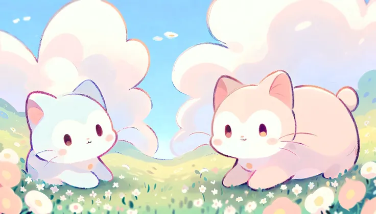 cartoon cat and kittens In a field of flowers with a sky background, Animated visual of cute cats, Kawaii cat, Cute cat, Lovely artwork, sitting In a field of flowers, In a field of flowers, Cute anime, Soft anime illustration, by Eizan This is a gift, Ill...