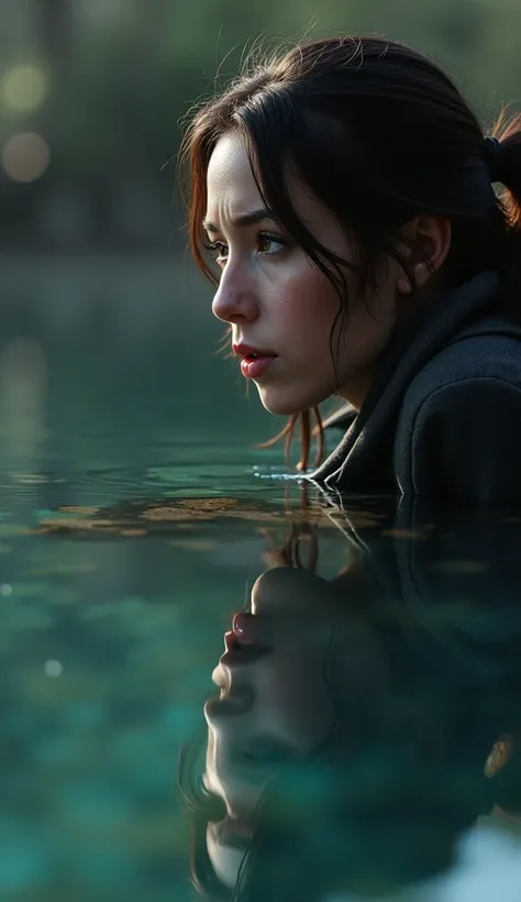 
a woman, staring at the waters reflection, the reflection water is the mans face from her past, cinematic lighting, 