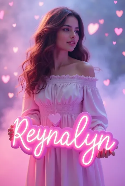 (A photo of a beautiful Korean women  with   brown curly  long hair .she looking  behind of the small name of her "Reynalyn". She is wearing cute white long dressed standing in front of a small , vibrant 3D render of the name "Camille prats" written in a c...