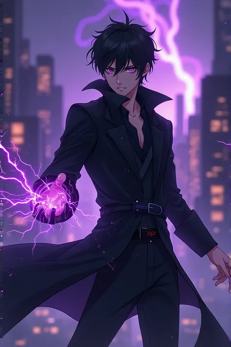 epic anime style, purple lightning, evil temperament, 20-year-old male shadow assassin, glowing black aura, shadow supervisor, handsome face, brilliant and majestic. Beautiful standard body and complete body structure. full body shot of a man with lightnin...