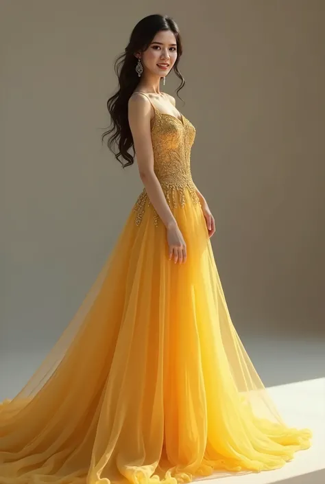 Beautiful Asian girl wearing evening gown posing in front of the camera. Yellow evening dress with delicate and luxurious lines. Her hairstyle is wavy, her long black hair is extremely attractive, and she smiles brightly.