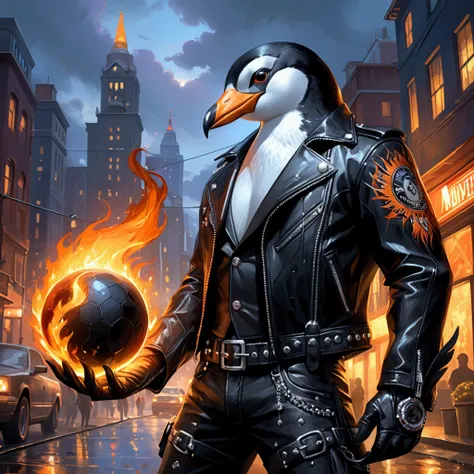 Closeup, painting of an extremely badass anthropomorphic penguin completely possessed by Ghost Rider wearing an insanely cool black leather Harley Davidson biker jacket with metal rivets, black shirt, black leather biker gloves, black leather biker pants, ...