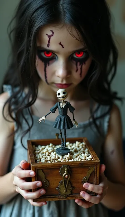  A  girl opens a music box decorated with small bones .  The figure in the center of the box is a headless dancer who moves to the beat of a sinister melody. The girl has red eyes dripping with black tears ,  and her skin is covered with deep scratches tha...