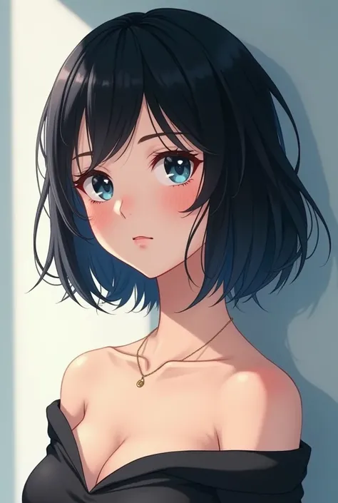 short hair， but a girl with hair and shoulders ，Beautiful appearance，young， slightly sexy body ，Girls with long and short stature ， Like a cartoon character ， black hair， but the hair end is black gradient dark blue，Long phase natural 