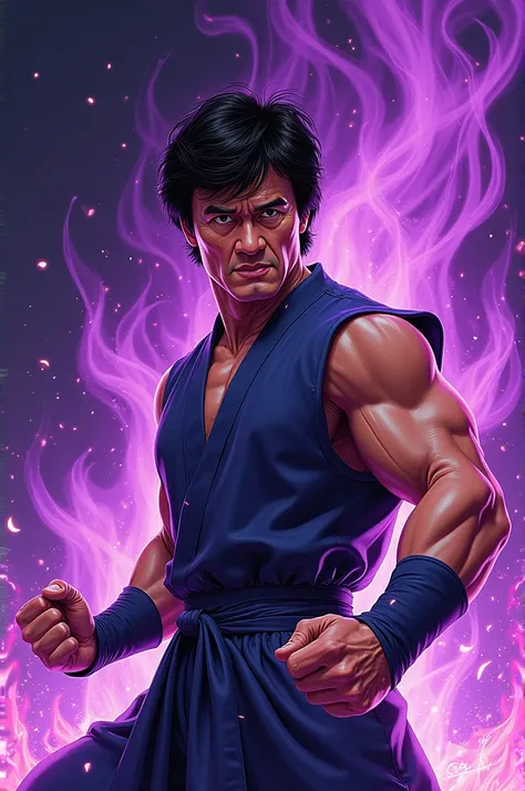 Make Jackie Chan drawing with purple flames in the back 