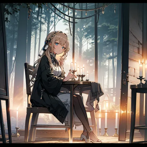 1 girl、 sits on a chair、Candle( fashionable、 is on the table、Illuminating the girls face )、 Dark Room