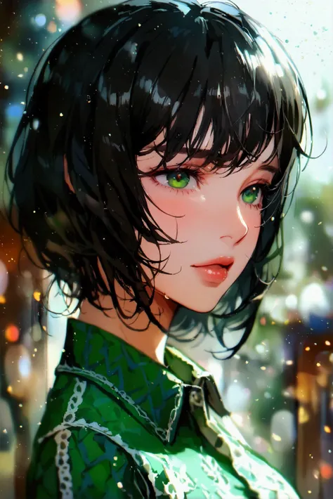 Girl, disguised as a girl,solo,tall, pretty,large chest,green eye,black short hair,polo, cute,