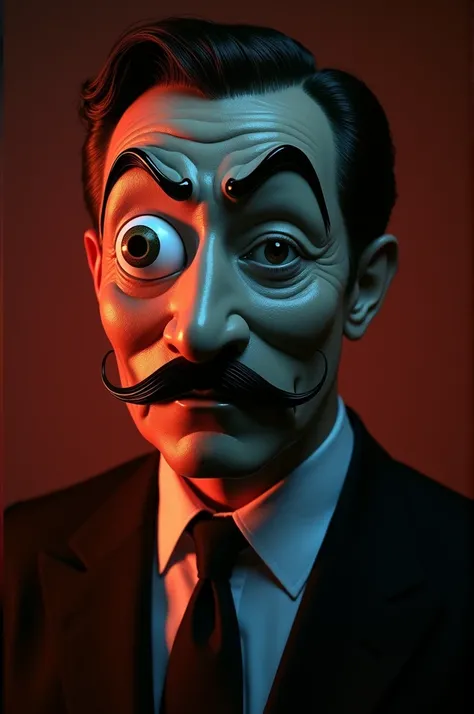 A dramatic portrait of a man in a suit with glasses, partially hiding his face behind a Salvador Dalí-inspired mask. The mask has exaggerated features, including a curled mustache, raised eyebrows, and a wide, intense eye. The man’s expression is calm yet ...