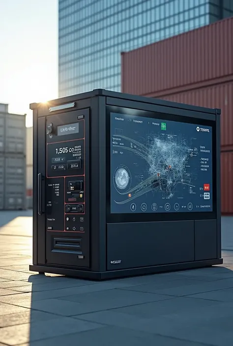  A modern and intelligent shipping container with the following features:
 Embedded Touch Screen : Integrated into the chassis ,  without protruding .
Dimensions:  30 cm high and 25 cm wide .
 Functionality :  Shows details of the content and geographical ...