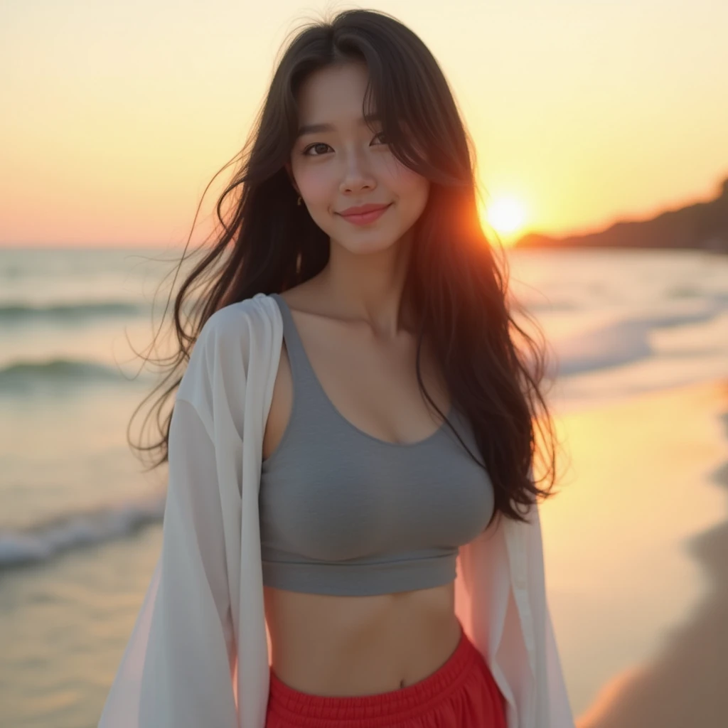 Full body Soft filter (highest quality,masterpiece:1.3,ultr a high resolution), (Super detailed,caustics,8K),(real istic: 1.4,RAW shooting), Japanese,25 years old,cute, Looking at camera with a smile,black hair, long hair,duck mouth, natural makeup,big ,wh...