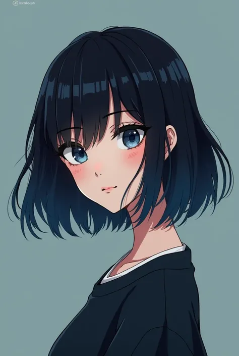 short hair， but a girl with hair and shoulders ，Beautiful appearance，young，People who are in normal shape ，Girls with long and short stature ， Like a cartoon character ， black hair， but the hair end is black gradient dark blue，Long phase natural ，Not cute，...