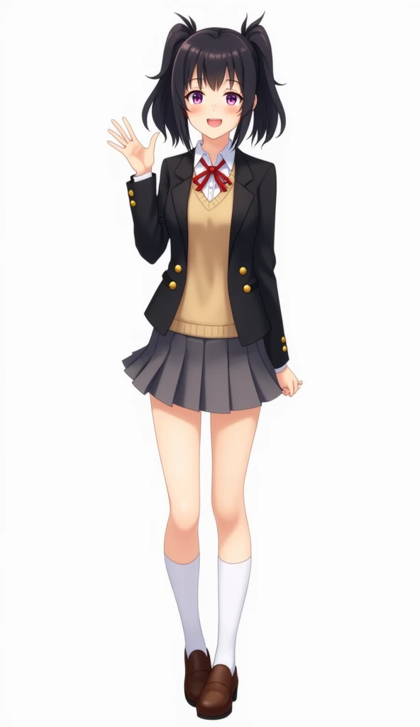 Animated teenage girl with medium long straight black hair with two high ponytails and the back, her hair is loose and medium long and with purple eyes and wears a black blazer with gold buttons., a sleeveless beige sweater , a white shirt,  a red ribbon ,...