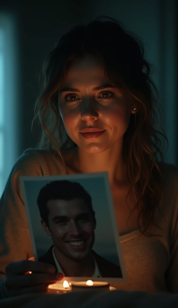 a woman, staring at the photo showing a man smiling, cinematic lighting