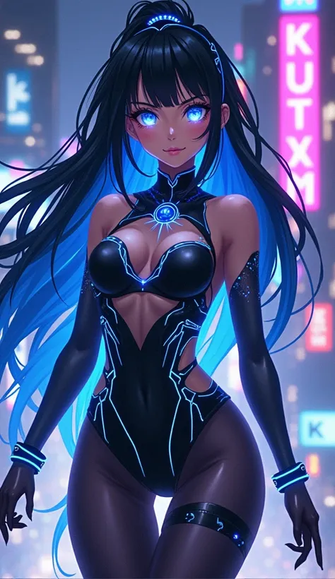 An anime-style character design of Lia Navina, a striking figure blending celestial beauty with a cyberpunk edge. She has long, flowing black and blue fluffy hair with glowing neon highlights that pulse faintly, and her luminous eyes resemble vibrant starl...