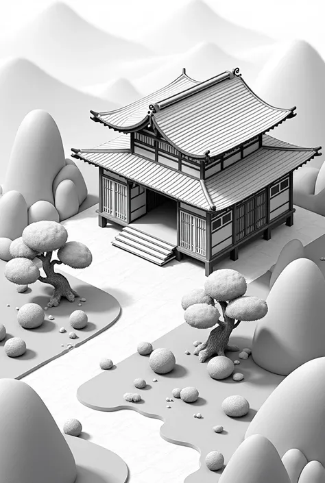 Create an isometric Japanese sanctuary,  Black and white 