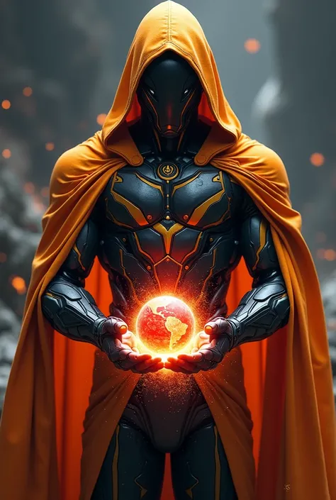 8k, A high quality product, high resolution image, detailed picture, a powerful male wearing full unique cybernetic mask to cover his face as a unique symbol, wearing a black and golden robotic armour, wearing a hoody and a orange cloak, background space, ...