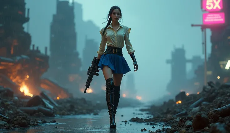 a tough countess with pale skin, hair in a braid, wearing a cream blouse, short blue skirt, patent black over-the-knee stiletto boots, she is covered in rainwater. wielding a decorated pistol. confidently stepping on a pile. on a rainy battlefield littered...