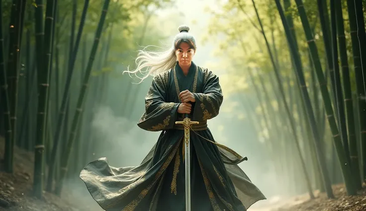 Prompt: "A highly detailed depiction of a male wuxia warrior standing confidently, facing forward, in the midst of an elegant sword dance. He is dressed in a flowing black robe adorned with intricate golden dragon patterns, exuding both power and grace. Hi...