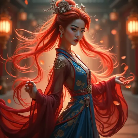 (best quality,4k,8k,highres,masterpiece:1.2),ultra-detailed, 1girl, Chinese vixen spirit Su Daji from Fengshen Yanyi, red hair, blue traditional Chinese dress, cunning, seductive, flirtatious smile, seducing her way through the palace, HDR, 8k, absurdres, ...