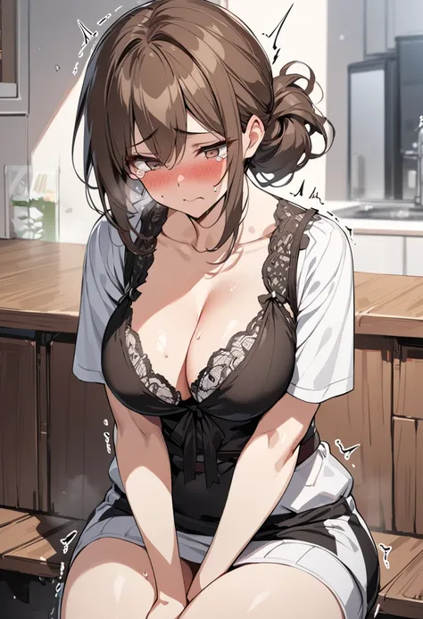 top quality, masterpiece,  High Definition , 8k,  1 girl, Alone,  expressive dark brown eyes, mature woman, (((Trembling Body))), (((Hairstyle put together in an update ))), (((Brown Hair))), Busty Wife,  sexy lingerie sitting with your knees bent,  lookin...