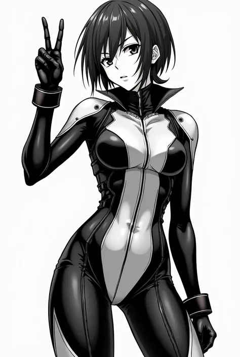 Makoto Niijima in battle suit showing peace sign. Black and white manga