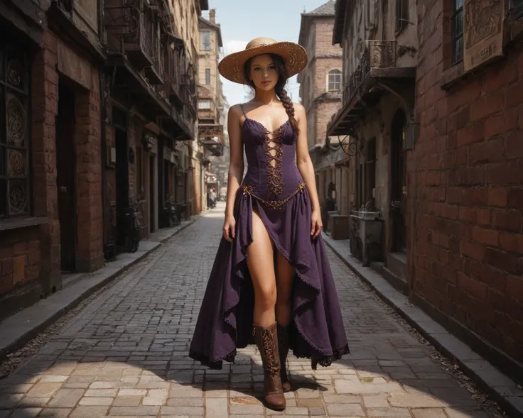  Cinematic HD quality photo of a 24-year-old female with detailed facial features, seductive look, bedroom eyes, long messy mahogany hair, slim & sexy body with medium breasts, wearing a long and low cut purple steampunk dress with bare shoulders,  summer ...