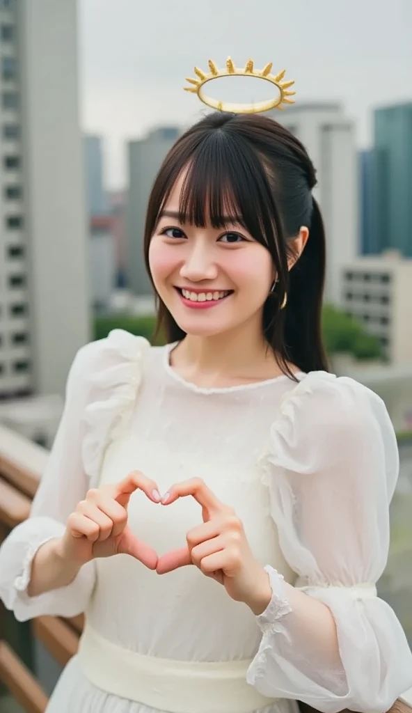  1 woman with a cute smile, Angel halo on head, Angel Wings on Your Back ,blouse, Ruffled Skirt ,Make a heart shape with your hands, The background is the Tokyo cityscape,cute female cosplayer,Angel Cosplay

