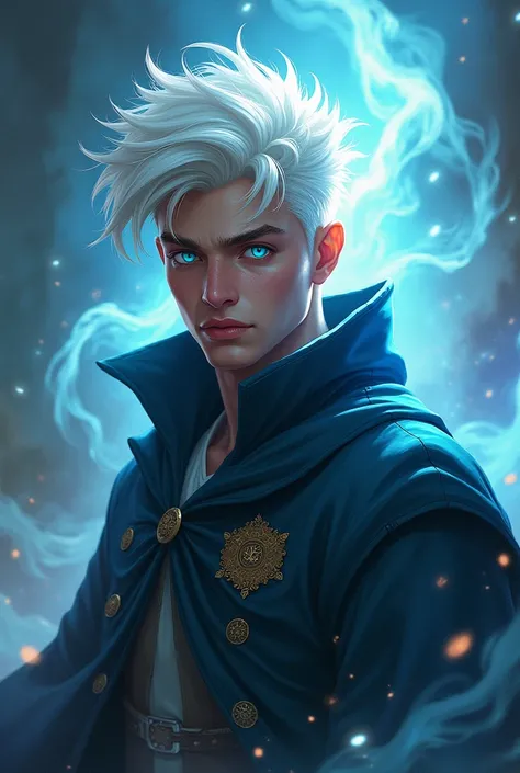 Young wizard, white hair, bright eyes 