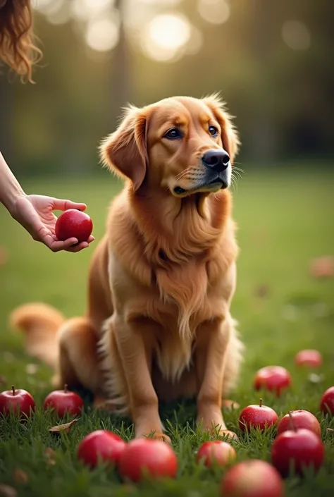  A dog of the Golden breed is on a lawn full of apples scattered on the ground.  In front of him someone with an outstretched arm offers him an apple . In the image it is possible to see only the arm of the person  . Ultra realistic image 9:16 