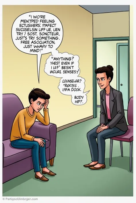 Panel 1
Scene: A school counselor’s office. A stressed student sits on a couch, holding their head. The counselor sits across with a calm expression, ready to help.
Counselor: "You mentioned feeling overwhelmed lately. Let’s try something called free assoc...