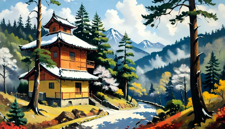  flat stylized pine tree, forest、星空と湖のあるwinterの風景, Picturesque, Acrylic painting,  cottages ,  palette knife and brush strokes , Makoto Shinkai、 Jamie Wyeth 、 James Gileard 、Edward Hopper、 Greg Rutkowski 、 Studio Ghibli in the courtyard、 Genshin Impact sty...