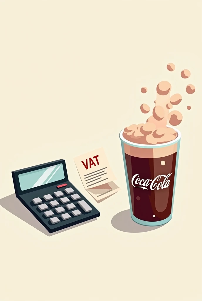  Draw me a value-added tax illustration (VAT)  of bottled soft drinks , Have máy tính tay, Have hóa đơn nhỏ ghi to chữ VAT, Have $, Have ly nước coca cola sủi bọt trào ra,  neutral color 