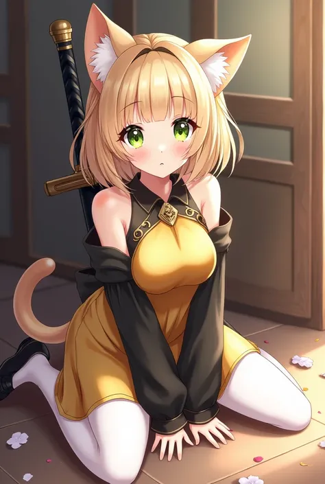  a fair-skinned anime-style girl 、Attractive large bust,  has short beige hair and medium lime green eyes with sparkle,  gold-finished midi dress , She has big black sleeves ,  she wears white thigh-length stockings ,  fluffy,  beige fenneko ears ,  his st...