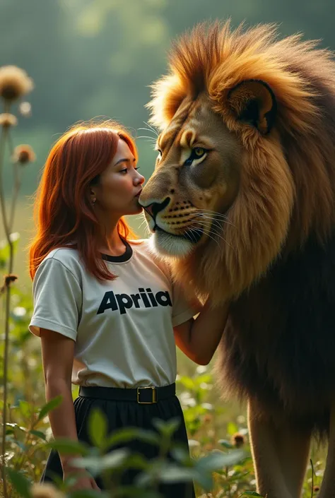 An Indonesian woman with a curvy body, realistic shoulder-length orange-brown hair, wearing a shirt that says “APRILIA”, kissing a lion,best visuals, 16k, HD, best source of rural scenery.