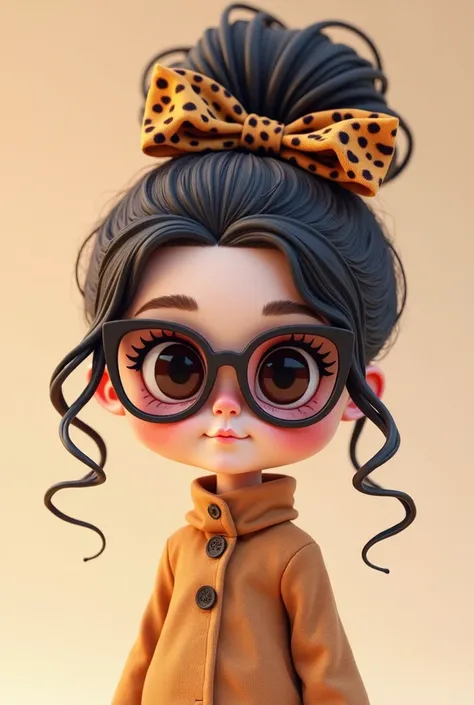 a kawaii chibi girl with messy hair bun, (leopard bow:1.3), (cat-eye sunglasses:1.2), solid color background, 
3D, perfect anatomy, masterpiece, highly detailed, ultra sharp