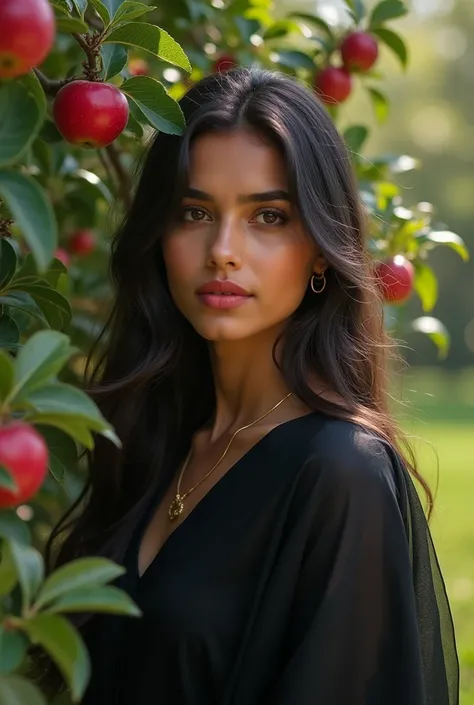 Image of a beautiful indian girl standing near the apple tree with free hair, half hair in front and half in back, wearing black kurti