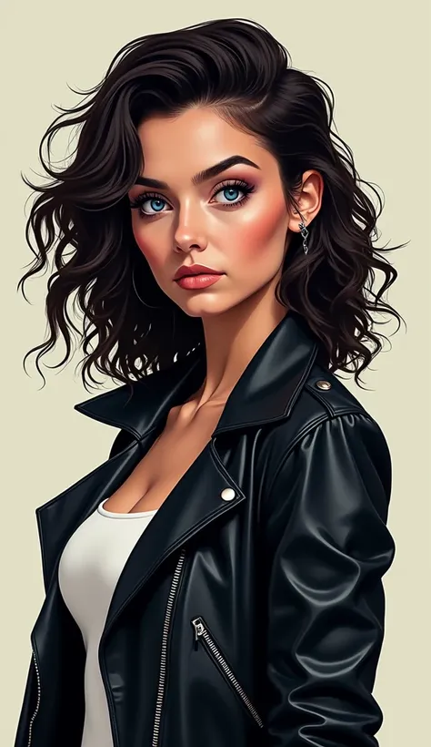  The image is a stylized portrait of a woman with curly hair, blue eyes, and a black leather jacket. She has a serious expression and is looking directly at the camera.