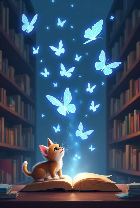 3. Glowing Butterflies Escape:

Bright, luminous butterflies emerge from the book, fluttering in mesmerizing patterns around Luna.

Luna bats at them playfully, her tail flicking as the butterflies scatter through the store.
