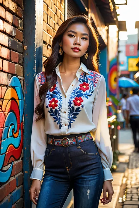 In a vibrant urban street filled with bustling cafés and colorful murals, a young Thai woman with long, wavy brown hair poses confidently, her white blouse with red and blue floral embroidery catching the eye. The blouse is tied at the waist, accentuating ...