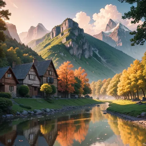 a small village by the river, mountains in the background, floral flowers colorful, detailed landscape, Beautiful natural landscapes, atmospheric lighting, scorching sunset, warm colours, practical, photopractical, Detailed Foliage, complex buildings, cobb...