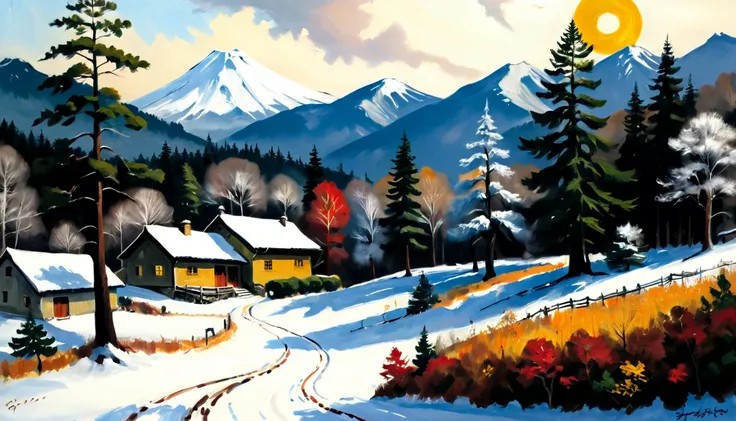  flat stylized pine tree, forest、星空と湖のあるwinterの風景, Picturesque, Acrylic painting,  cottages ,  palette knife and brush strokes , Makoto Shinkai、 Jamie Wyeth 、 James Gileard 、Edward Hopper、 Greg Rutkowski 、 Studio Ghibli in the courtyard、 Genshin Impact sty...