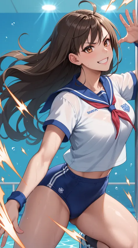 Young woman, Nonogusa Miyuki, swimming club member, athlete, sports uniform, confident, streamlined body, light blue swimsuit, sports spirit, high school uniform, long hair, black or dark brown hair, full of energy, healthy and sunny, competitive atmospher...