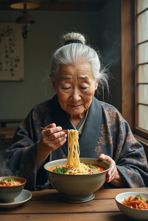 No々Japanese elderly woman eating udon。Noodle soup is placed next to udon