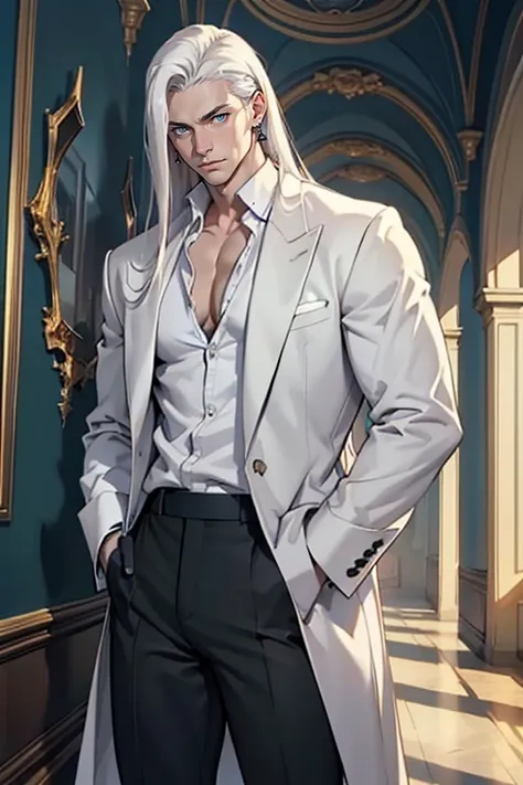 ((masterpiece)), (((best quality))), solo, 1 male, pale white skin, (long white hair), (((straight hair))), shoulder-length hair, side part, very handsome young man, lean, tall, broad shoulders, (large chest), (wide hips), (thick thighs), deep blue eyes, r...