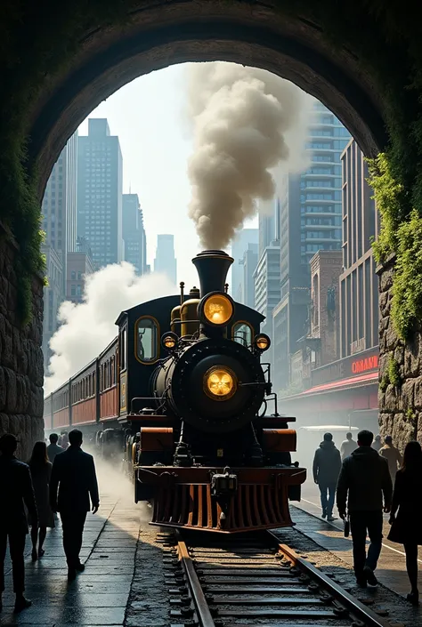 An ancient steam-powered train, with ornate brass details and worn wooden carriages, emerges from a dark, moss-covered stone tunnel into a bustling modern city. The transition between eras is striking: the train is surrounded by gleaming skyscrapers, neon ...