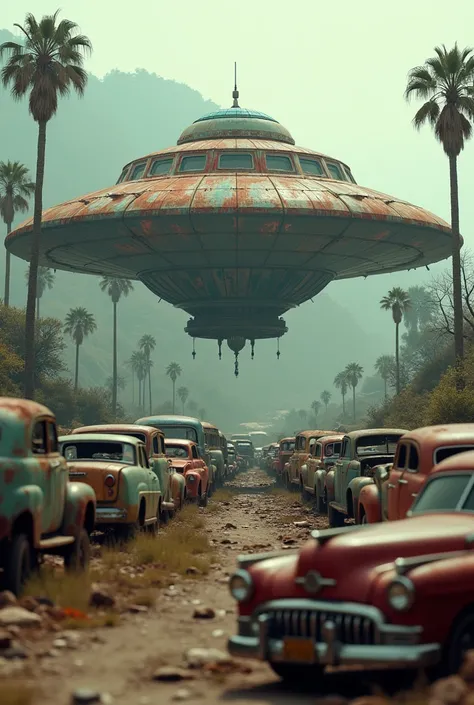 In a vast junkyard filled with abandoned vintage cars, a rusted, colorful UFO sits prominently among the decay. The sun casts a muted glow over the scene, highlighting the wear and tear of the vehicles. Explore themes of nostalgia, alien encounters, or the...